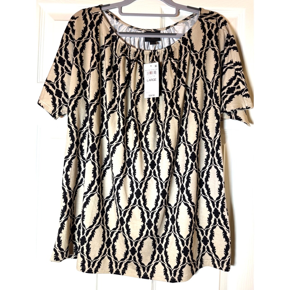 JM Collection Stone Tan with Black Geo Design Women's Blouse Sz. L